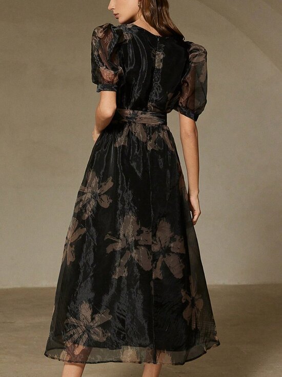 Multicolor Chic Women's Floral Print V-Neck Asymmetric Buckle Short Sleeve Dress - Picture 2 of 6